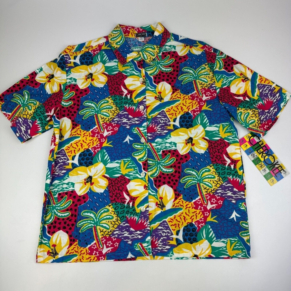 NWT Vintage Cherokee Women Juniors Size M Hawaiian Shirt Floral Short Sleeve USA - Picture 1 of 5